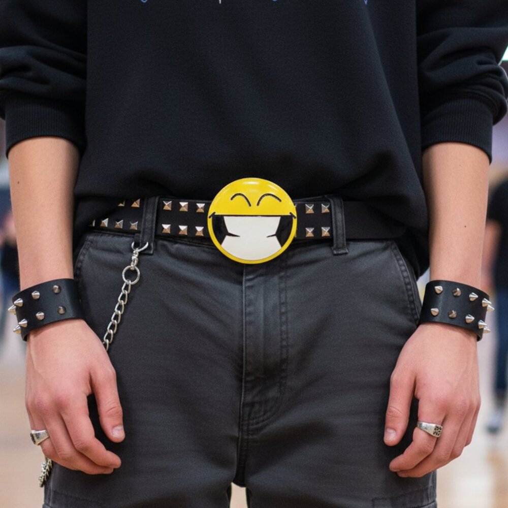 Men Women Belt Buckle Silver Metal Yellow Smiley Face Eyes Cute Fun Emoji Round